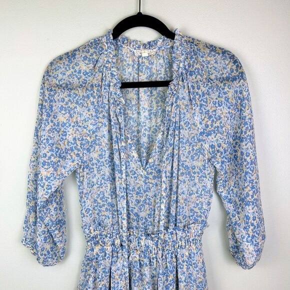 Endless Blu Tiered Ruffle 3/4 Sleeve Dress Tie Neck Blue Floral Tie Neck Mini S - Picture 2 of 13